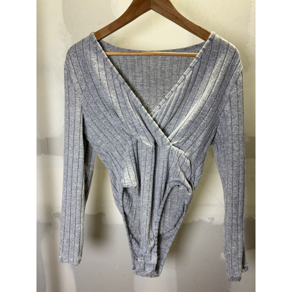 Shein Curve Womens 0XL Heather Gray Ribbed Surplice V-Neck Long Sleeve Bodysuit